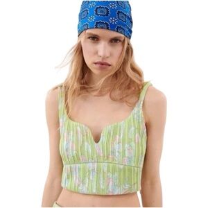 ZARA Womens Green Floral Paisley Retro Printed Pleated Crop Tank Top Size Small